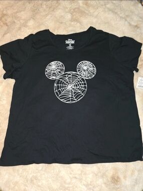 Disney Womens Mickey Mouse  Black Tee with Spiderweb Graphic